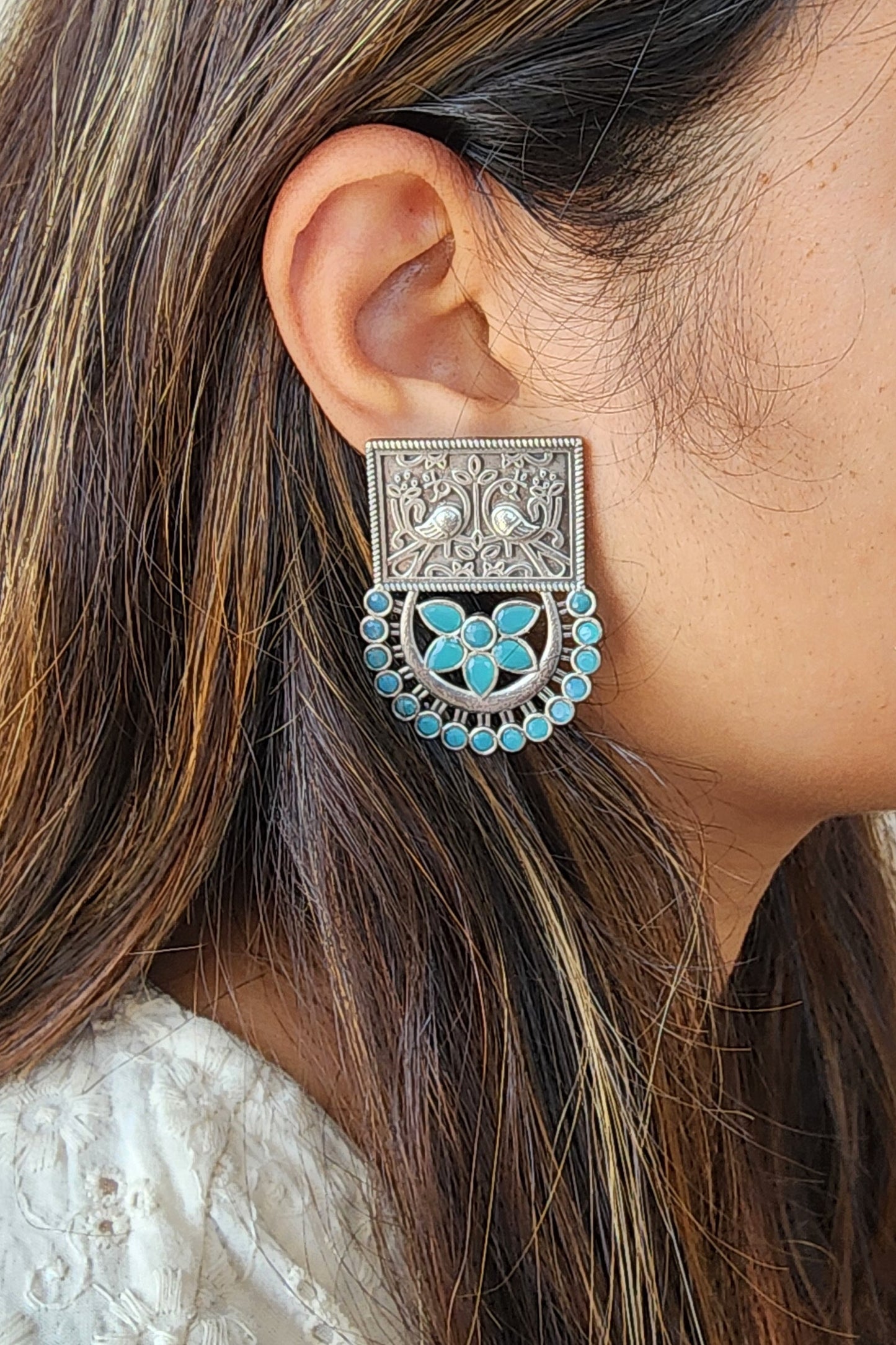 BALAMANI-Sky Blue Stone German Oxidized Earring