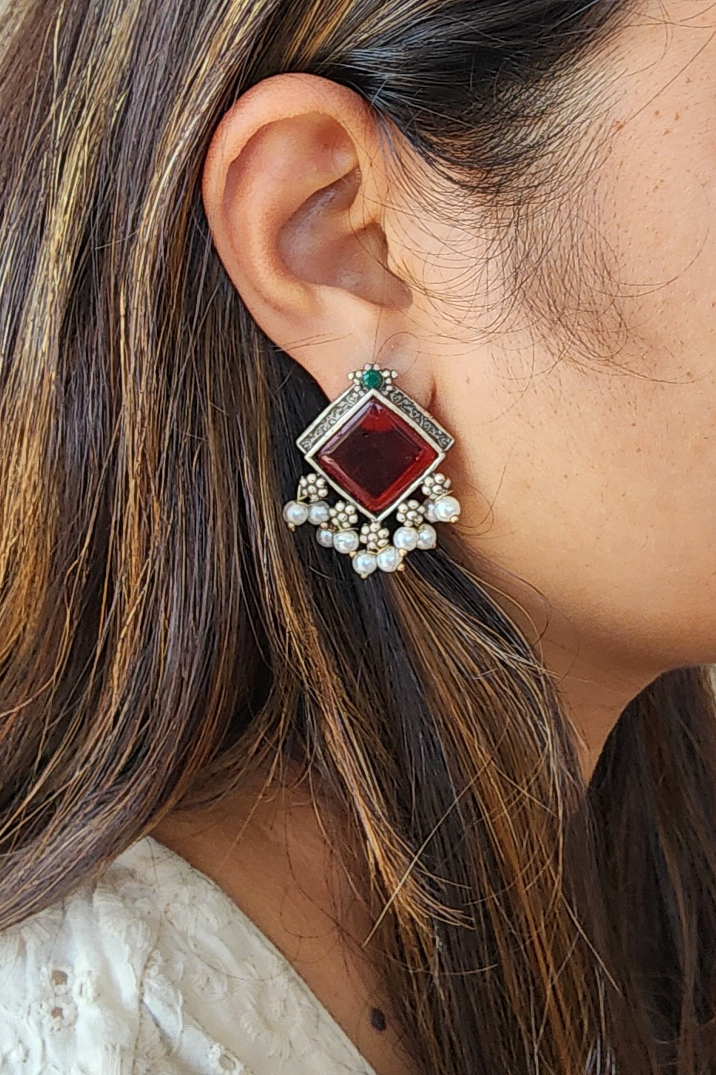 BALAMANI-Maroon And Green Stone With Pearls German Oxidized Earrings