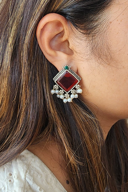 BALAMANI-Maroon And Green Stone With Pearls German Oxidized Earrings