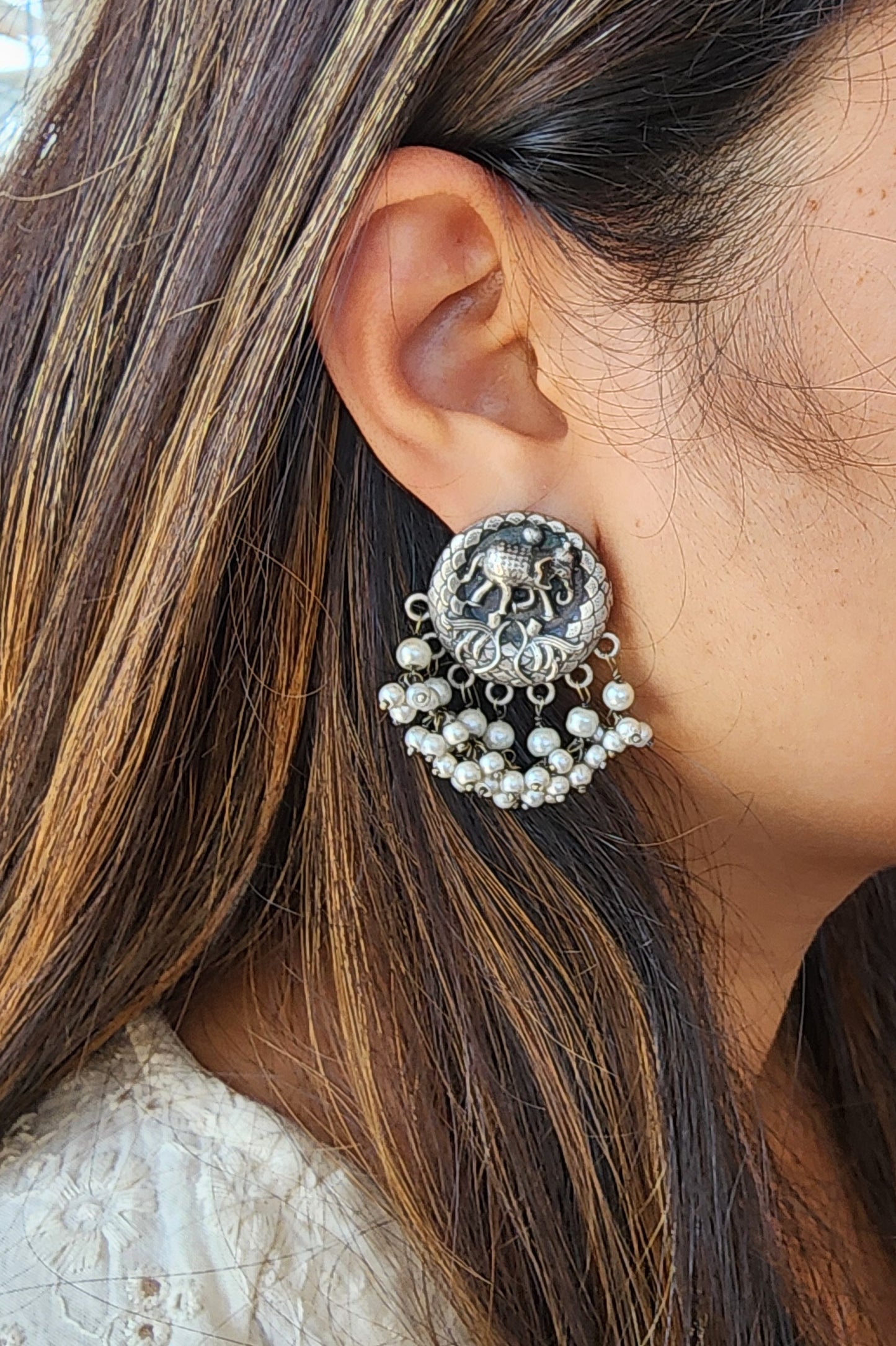 BALAMANI-Elephant Design With Pearls German Oxidised Earrings