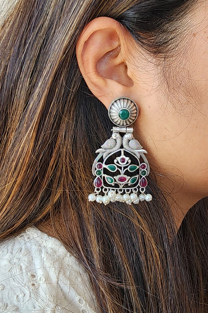 BALAMANI-Green And Pink Stone German Oxidized Earring