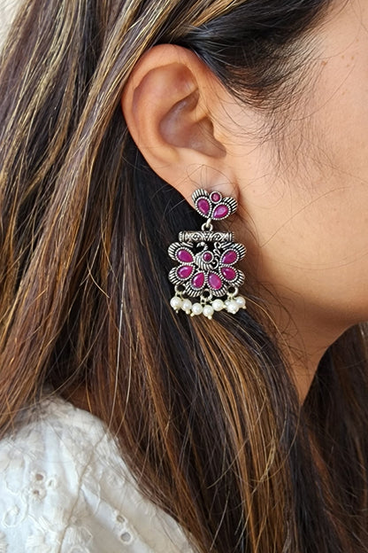 BALAMANI- Pink Stone With Pearls German Oxidized Earring