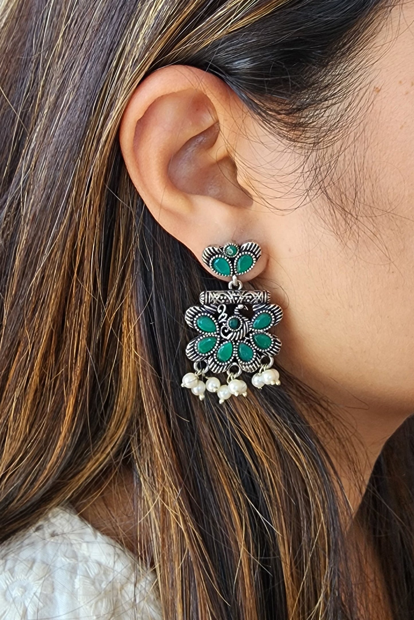 BALAMANI- Green Stone With Pearls German Oxidized Earring