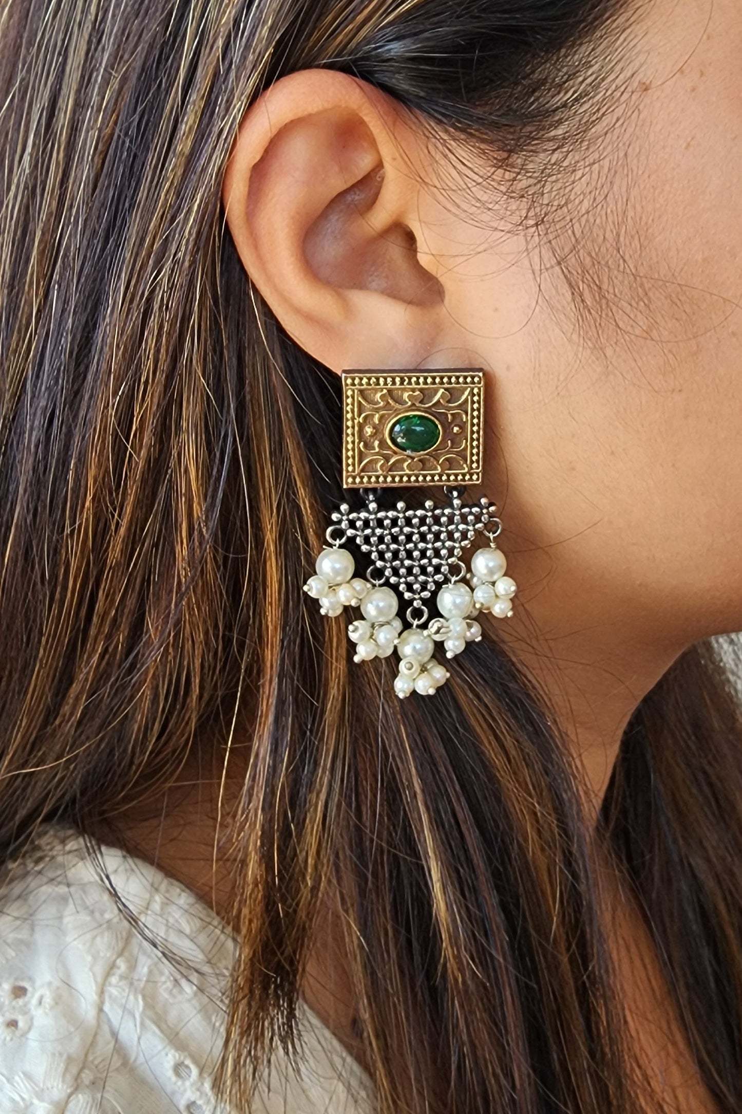 BALAMANI-Green Stone Geometry With Pearls German Oxidised Earrings