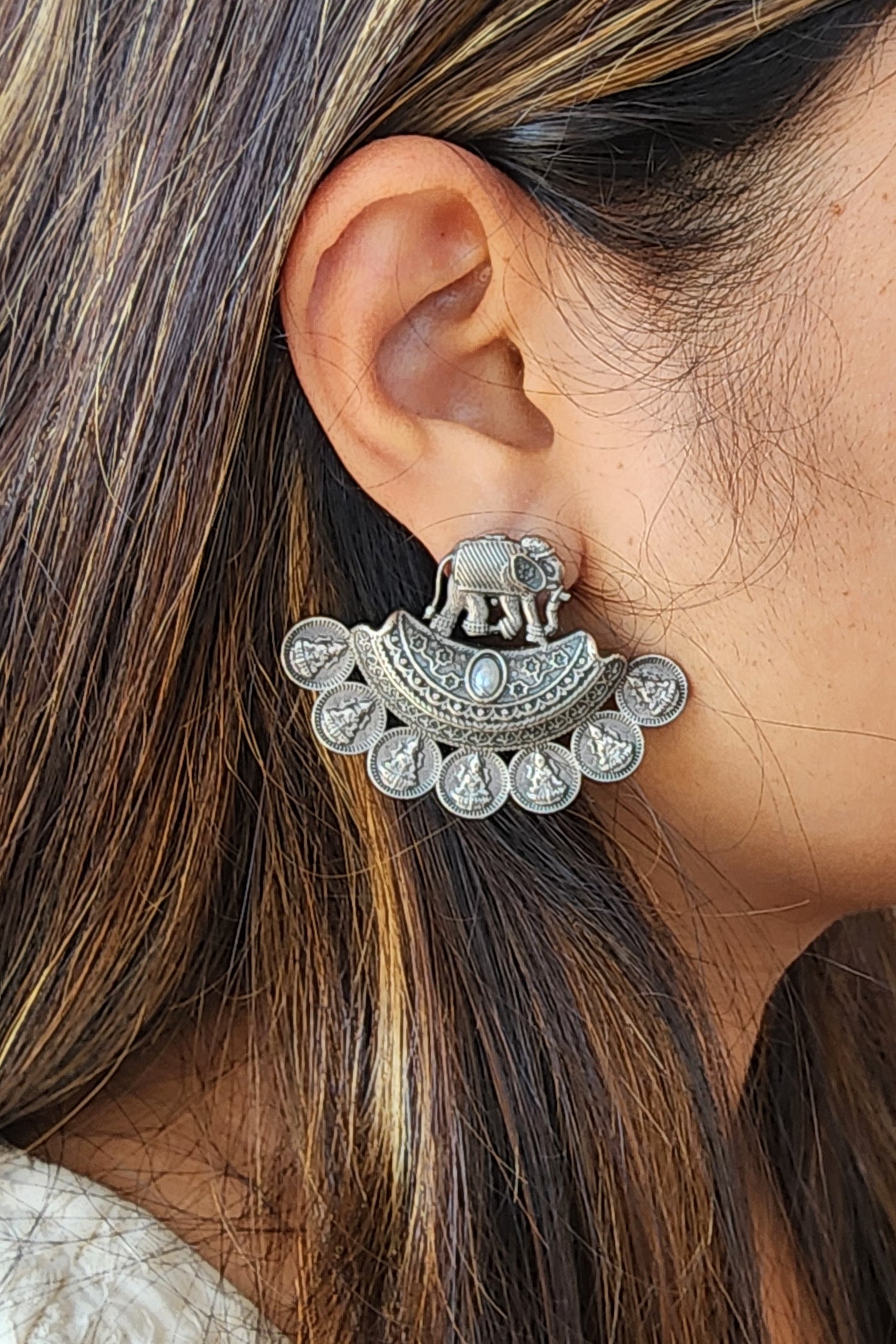 BALAMANI-Elephant Lakshmi Coin Design German Oxidised Earrings