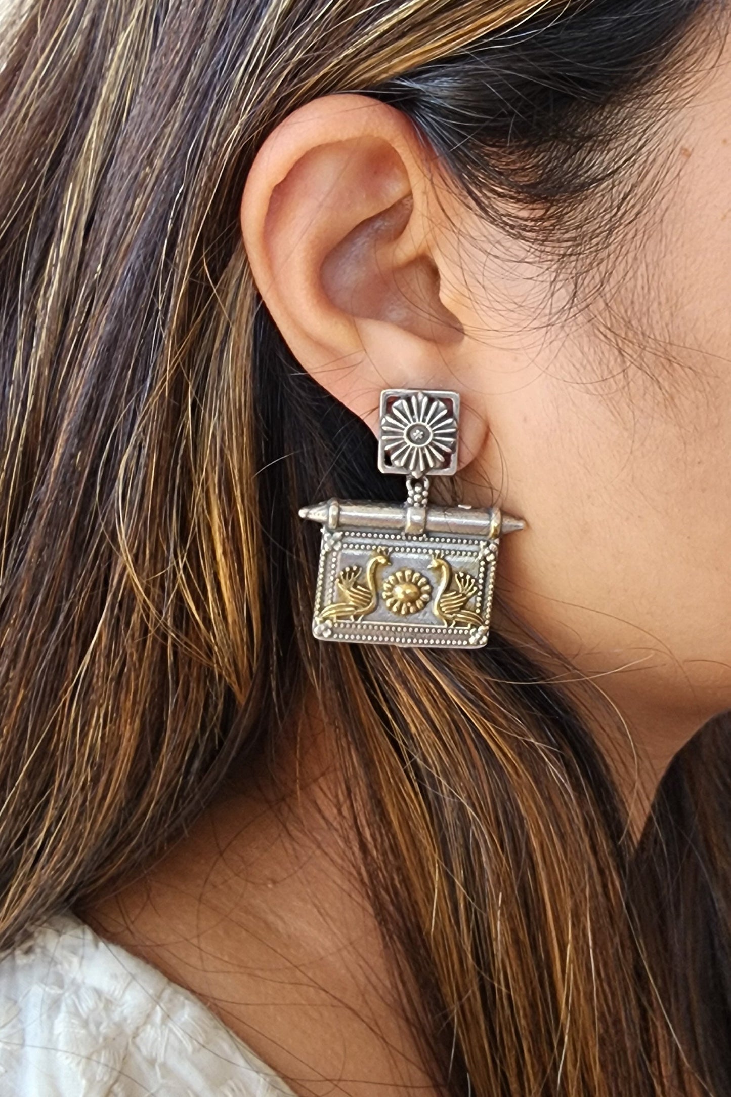BALAMANI-Silver Tone Peacock Face Tribal German Oxidised Earring