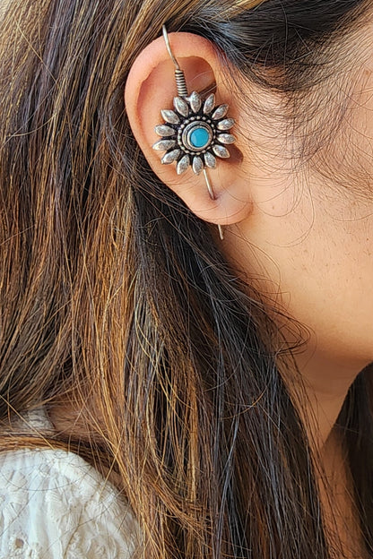 BALAMANI- Light Blue Stone Pin bugadi German Oxidized Earring