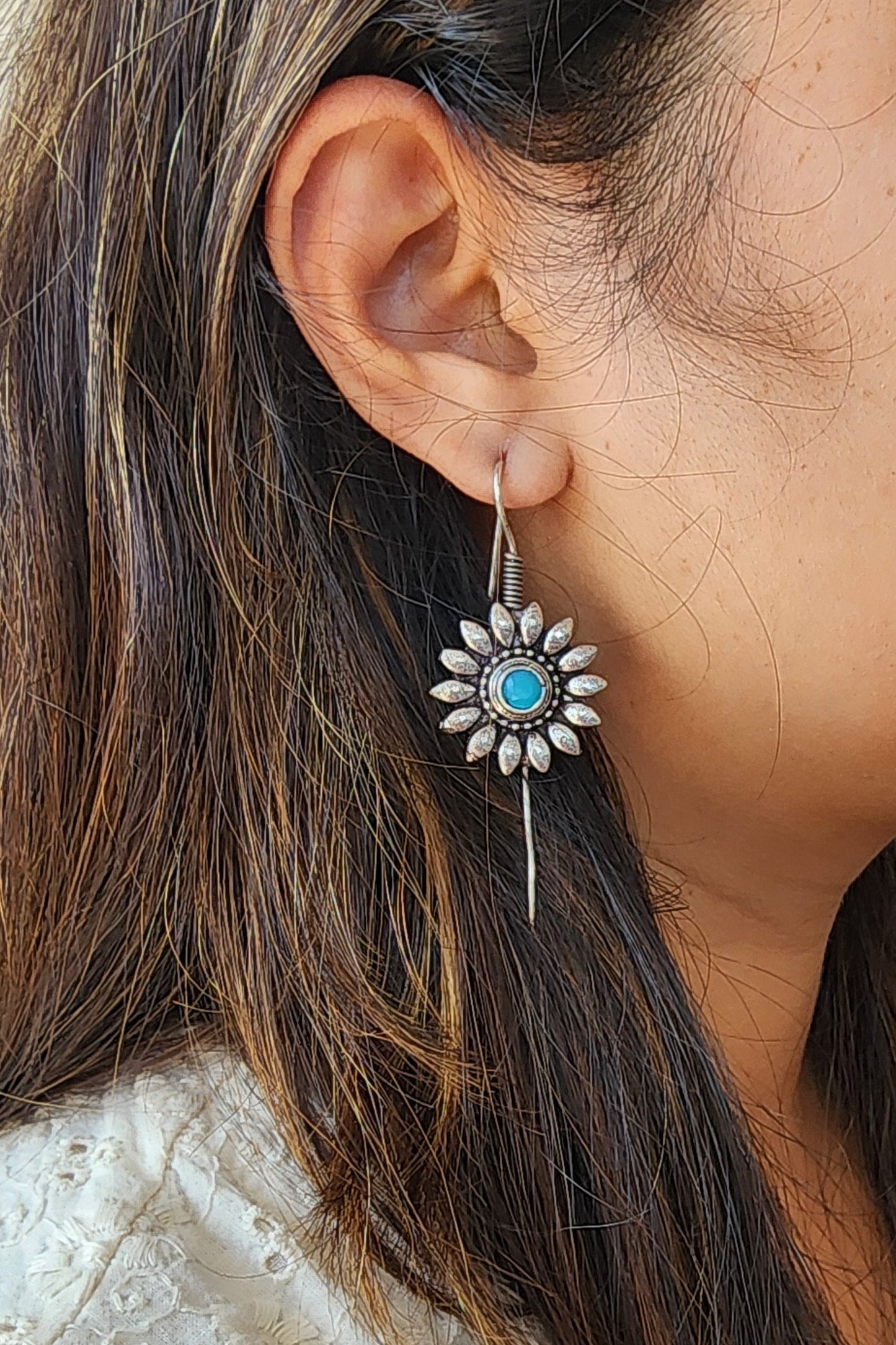 BALAMANI- Light Blue Stone Pin bugadi German Oxidized Earring