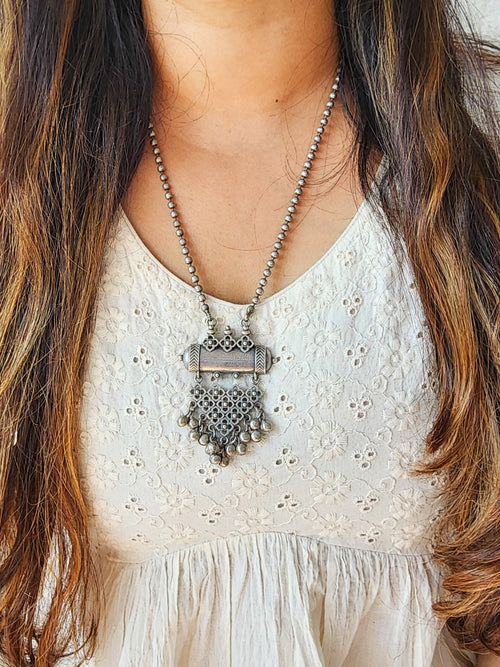 Neckpiece - Silver Triangle Design With Ghungroo German Oxidized  Neckpiece