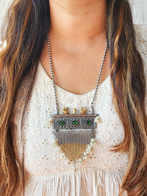 Neckpiece -Green Stone Geometry With Pearls German Oxidised Neckpiece