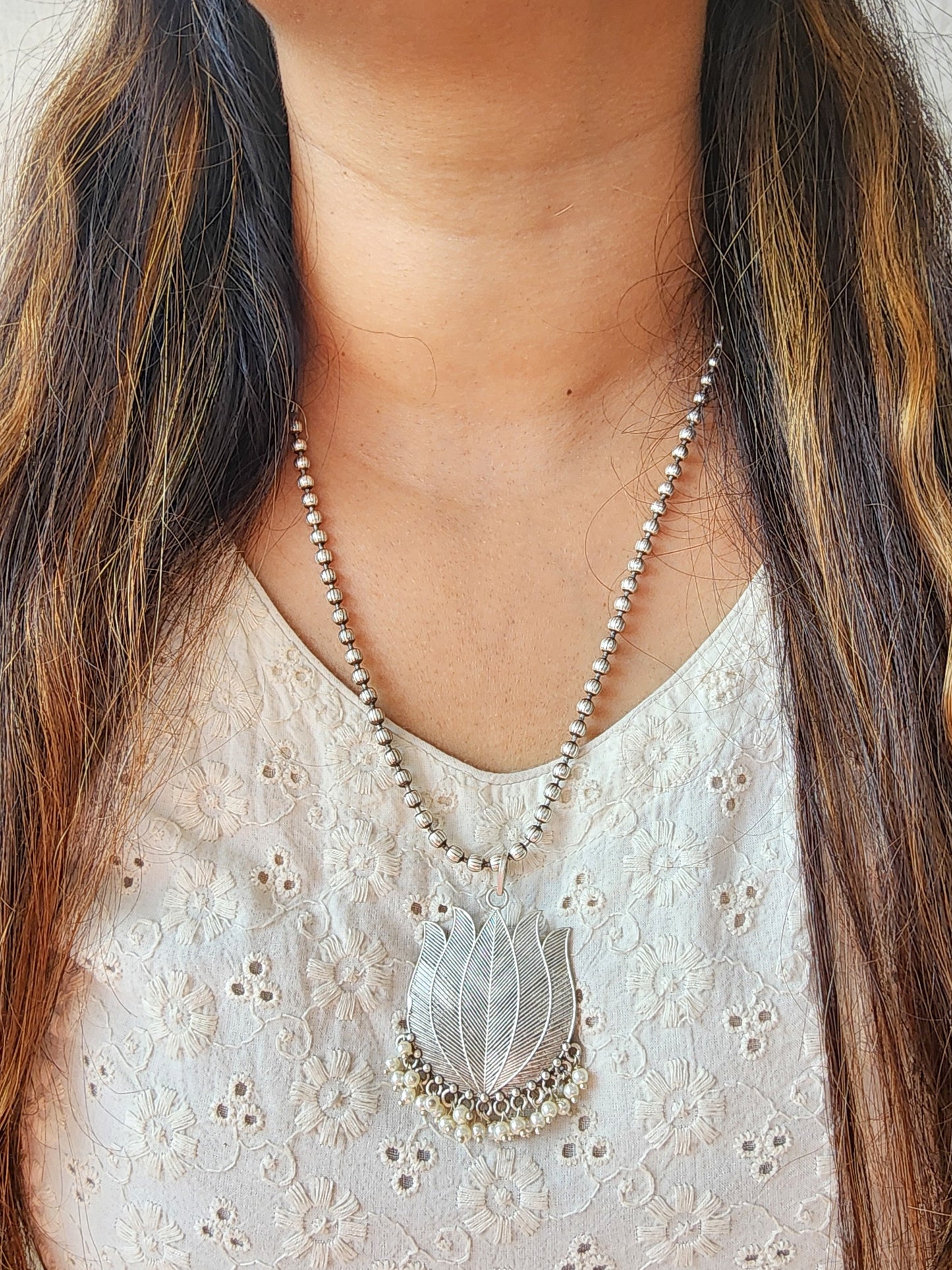 Neckpiece -Beautiful Silver Lotus With Pearls German Oxidised Neckpiece