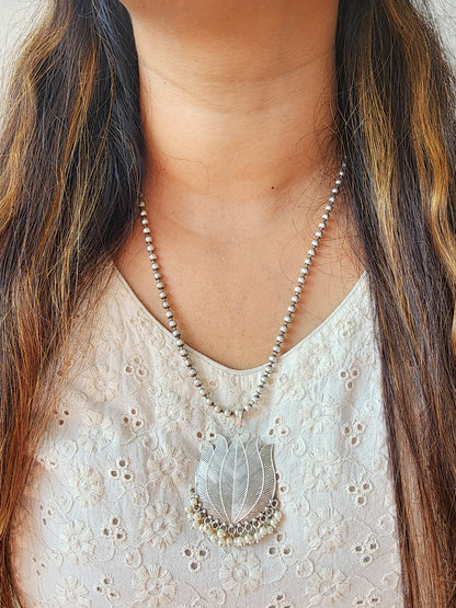 Neckpiece -Beautiful Silver Lotus With Pearls German Oxidised Neckpiece
