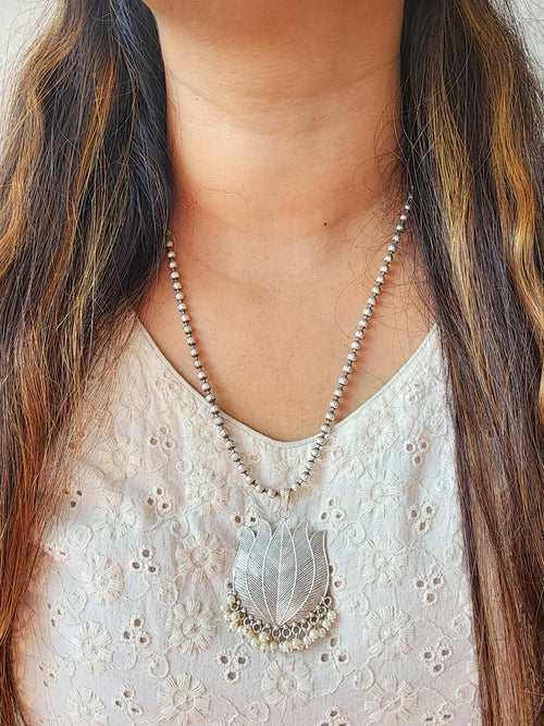 Neckpiece -Beautiful Silver Lotus With Pearls German Oxidised Neckpiece