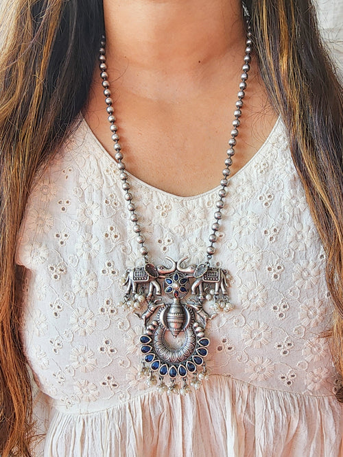 Neckpiece -Dark Blue Stone Silver Elephant Design With Pearls And German Oxidised Neckpiece