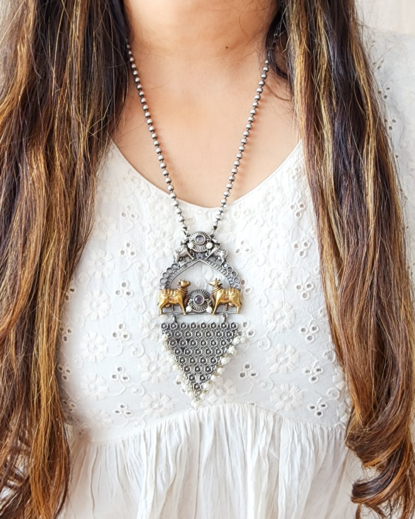 Neckpiece -Cow Motif With Geometry And Pearls German Oxidised Neckpiece