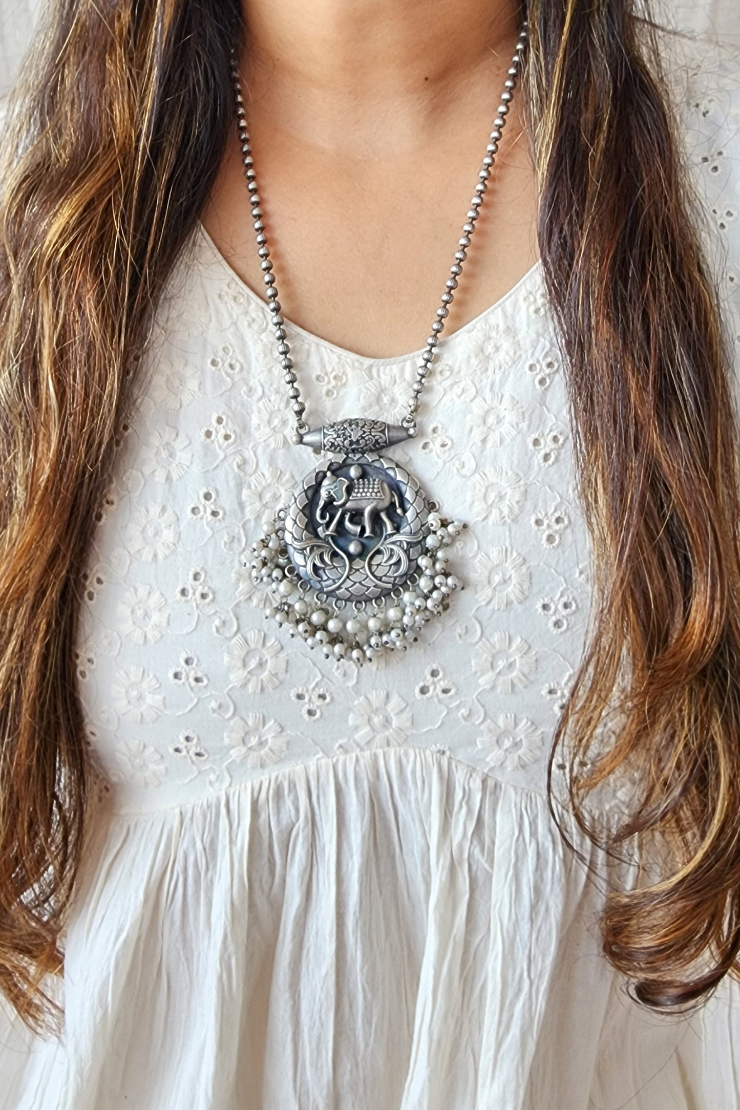 Neckpiece - Silver Tone Elephant With Pearls German Oxidised Neckpiece