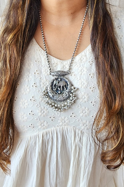 Neckpiece - Silver Tone Elephant With Pearls German Oxidised Neckpiece