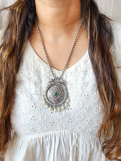 Neckpiece - Silver Tone Intricate Design With Pearls German Oxidised Neckpiece