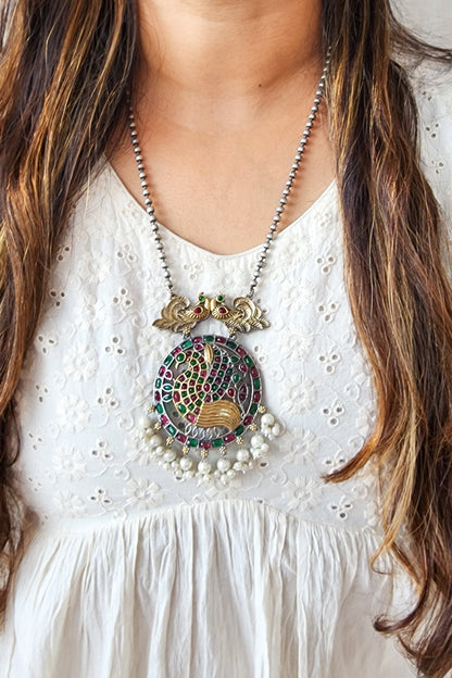Neckpiece -Pink And Green Stone Peacock Tribal With Pearls German Oxidised Neckpiece