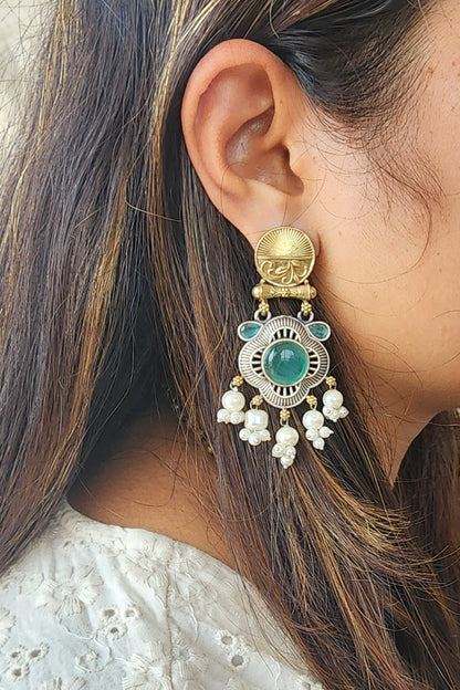 BALAMANI- Sea Green Stone With Pearls German Oxidised  Silver Earrings