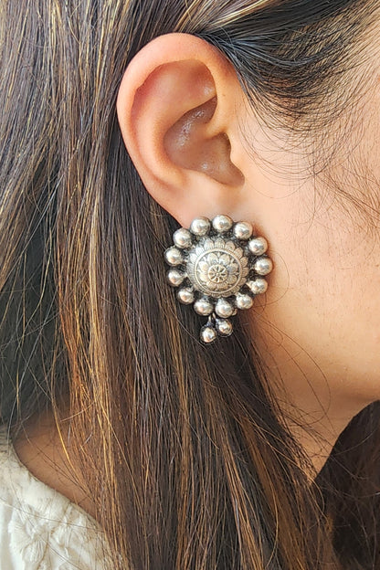 BALAMANI- Silver Flower Stud With Ghungroo German Oxidised Earring
