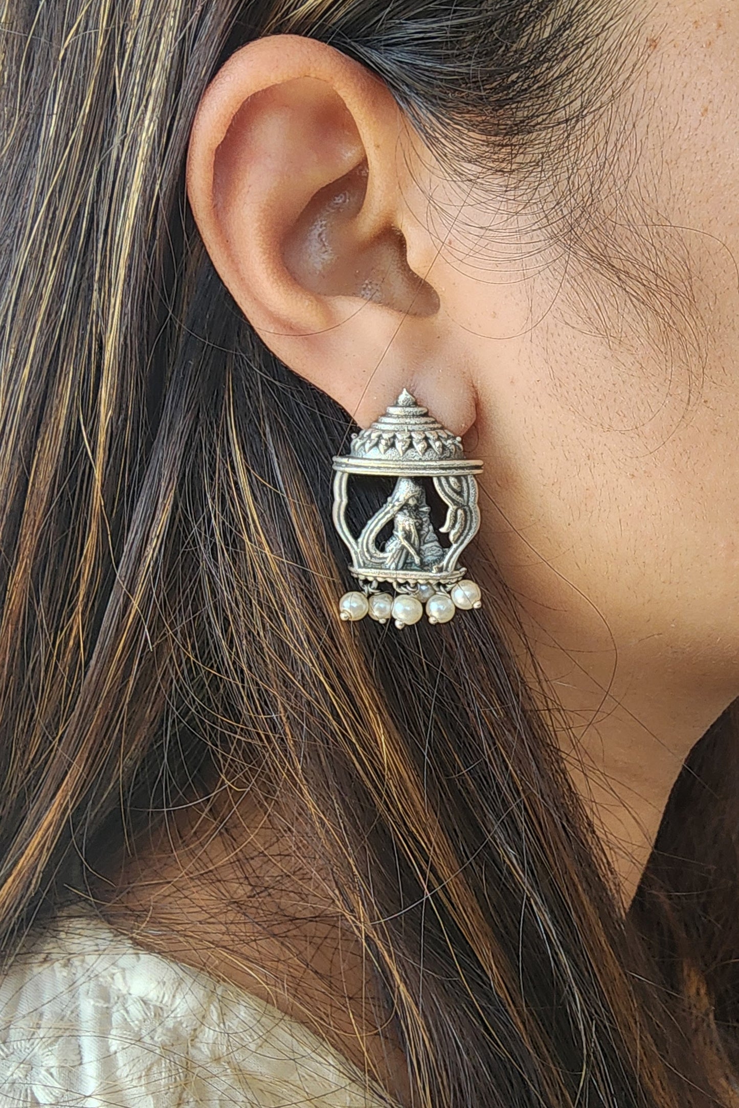 BALAMANI- Silver Doli Stud With Pearls German Oxidised Earrings