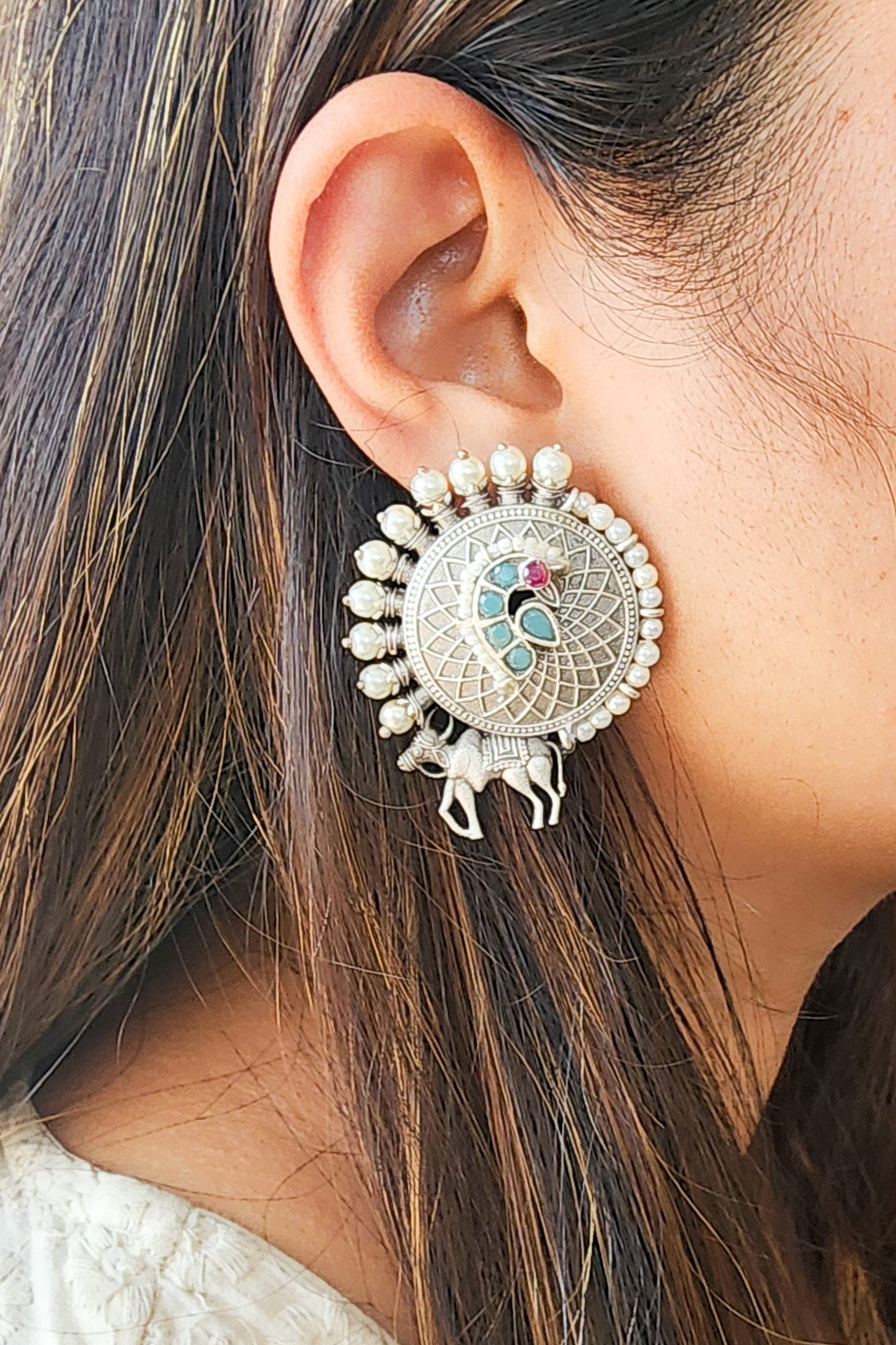 BALAMANI-Pichwai Pattern Big Round Stud With Pearls Blue Pink Stone German Oxidised Earring