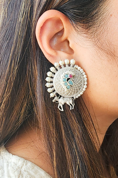 BALAMANI-Pichwai Pattern Big Round Stud With Pearls Blue Pink Stone German Oxidised Earring