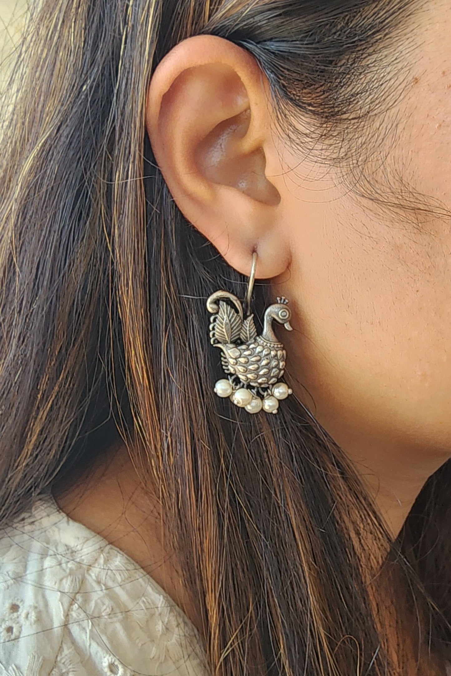 BALAMANI-Silver Small Peacock With Pearls German Oxidized Drop Earring