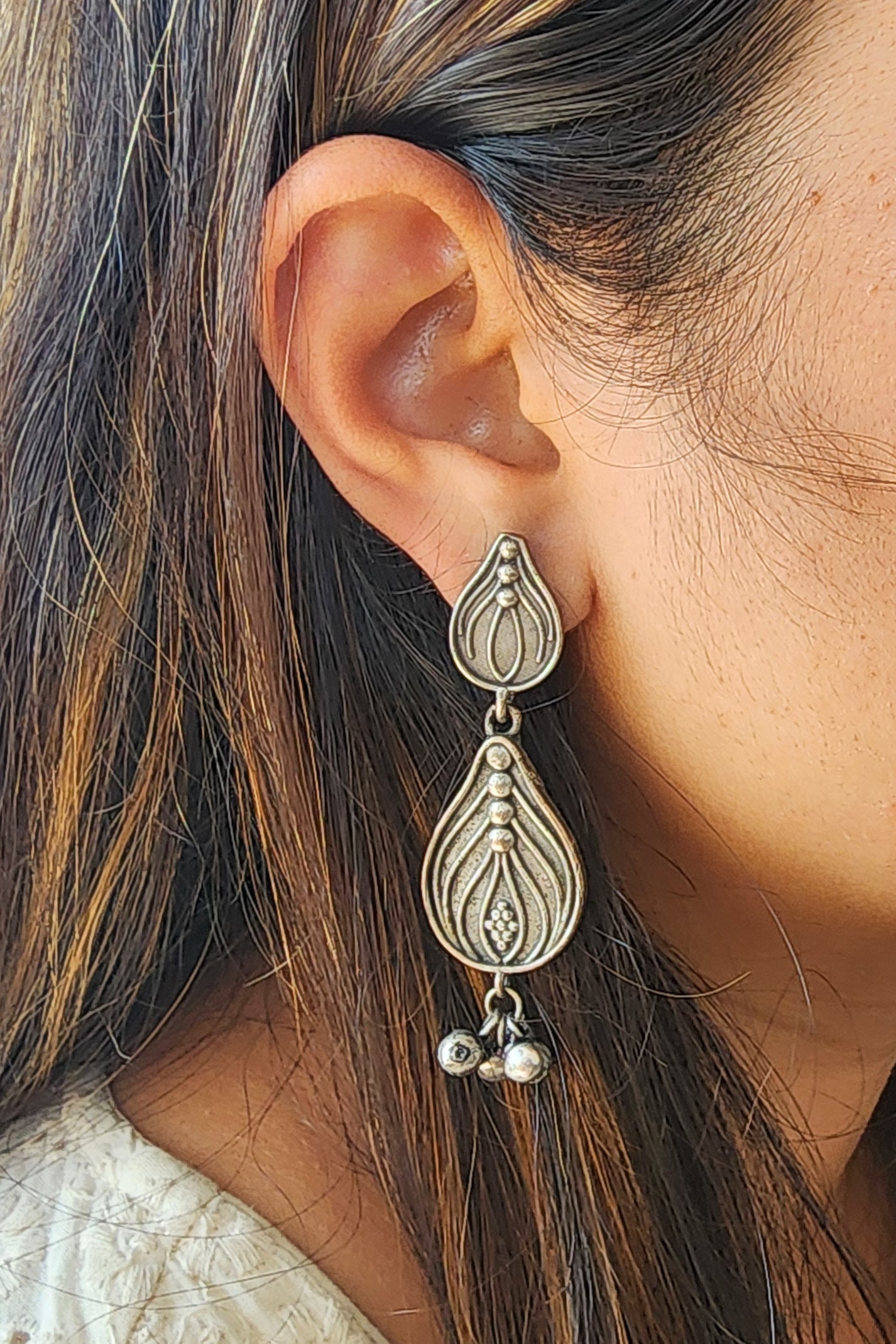 BALAMANI-Silver Leaf shape With Ghungroo beaded German Oxidized Earring