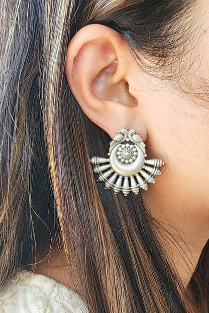 BALAMANI- Beautiful Silver Peacock Chandbali German Oxidised Earrings