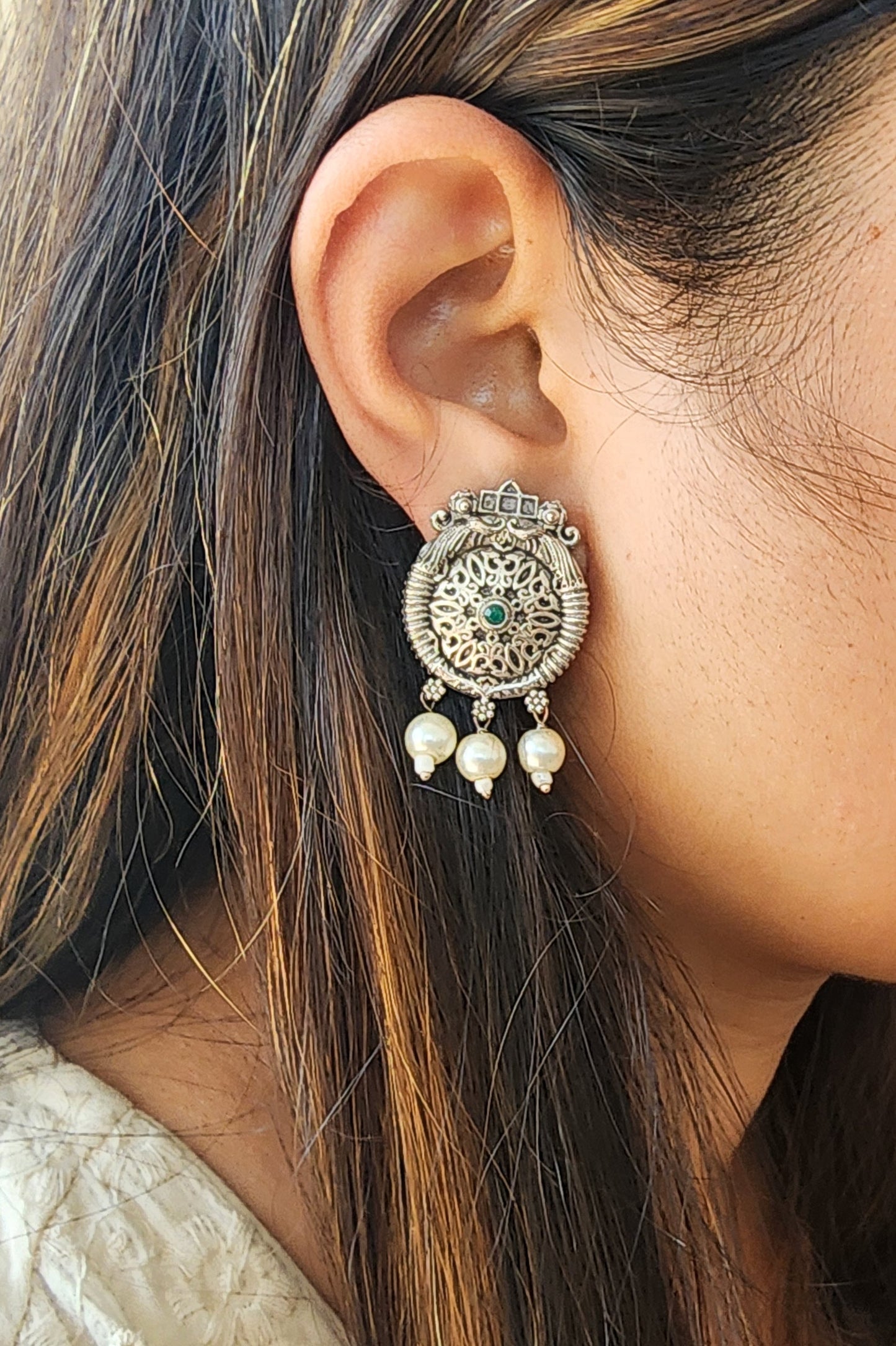 BALAMANI- Silver Stud With Pearls German Oxidised Earring