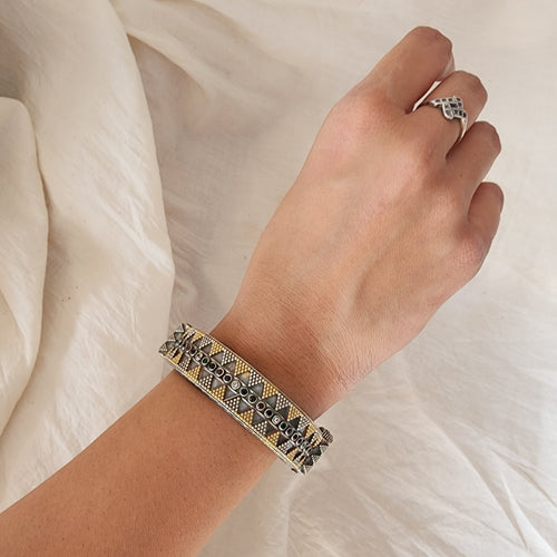 BANGLE-Silver And Golden Multicolor Stone German Oxidized Bangle