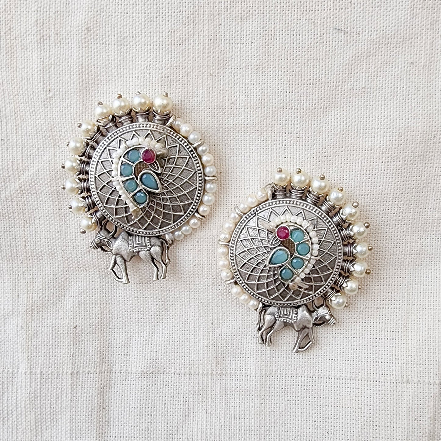 BALAMANI-Pichwai Pattern Big Round Stud With Pearls Blue Pink Stone German Oxidised Earring