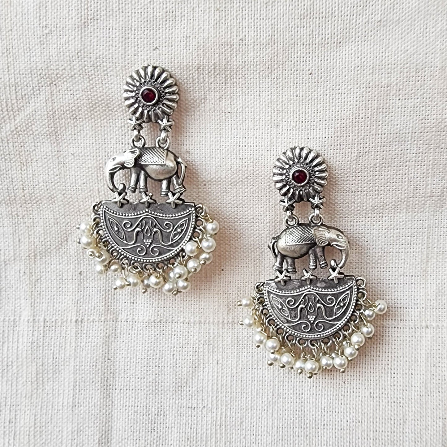 BALAMANI-Pink Stone Elephant Design Silver With Pearls German Oxidised Earring