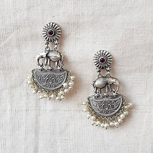 BALAMANI-Pink Stone Elephant Design Silver With Pearls German Oxidised Earring