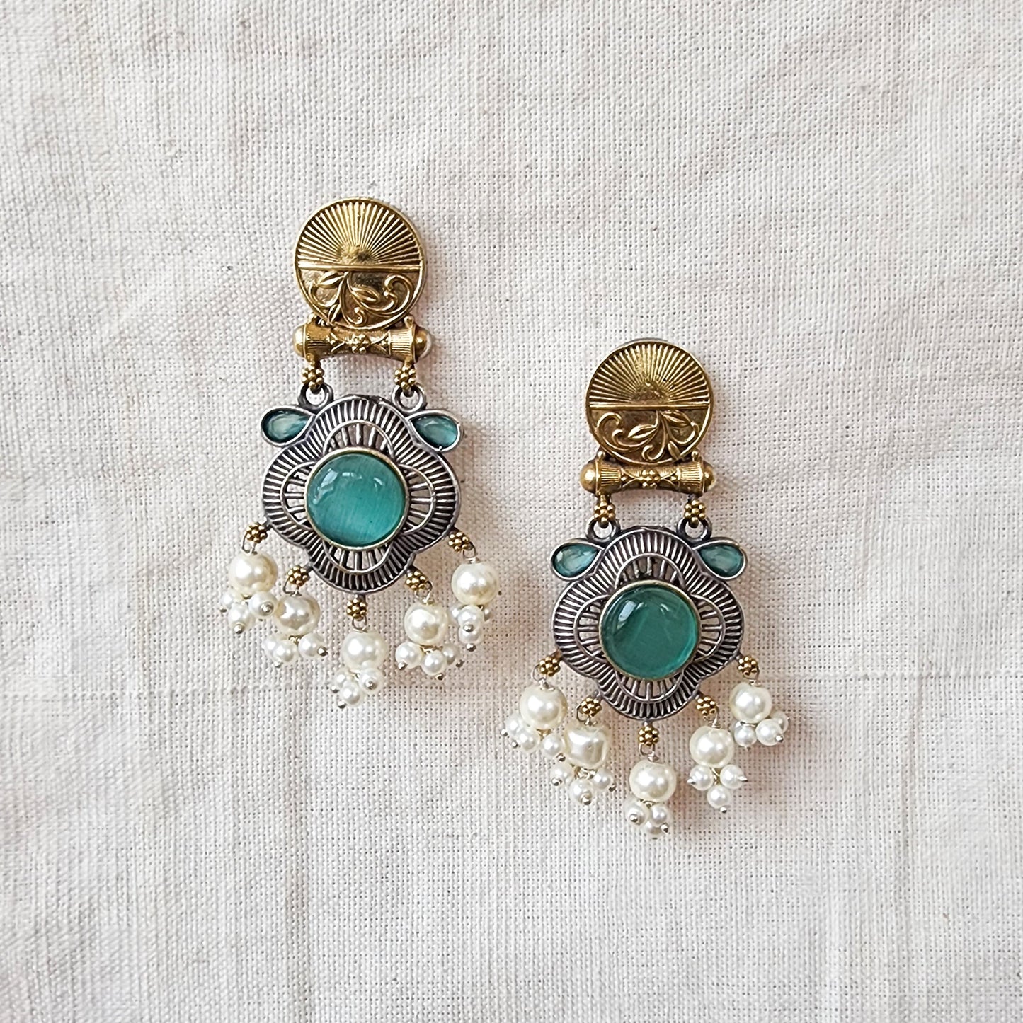 BALAMANI- Sea Green Stone With Pearls German Oxidised  Silver Earrings