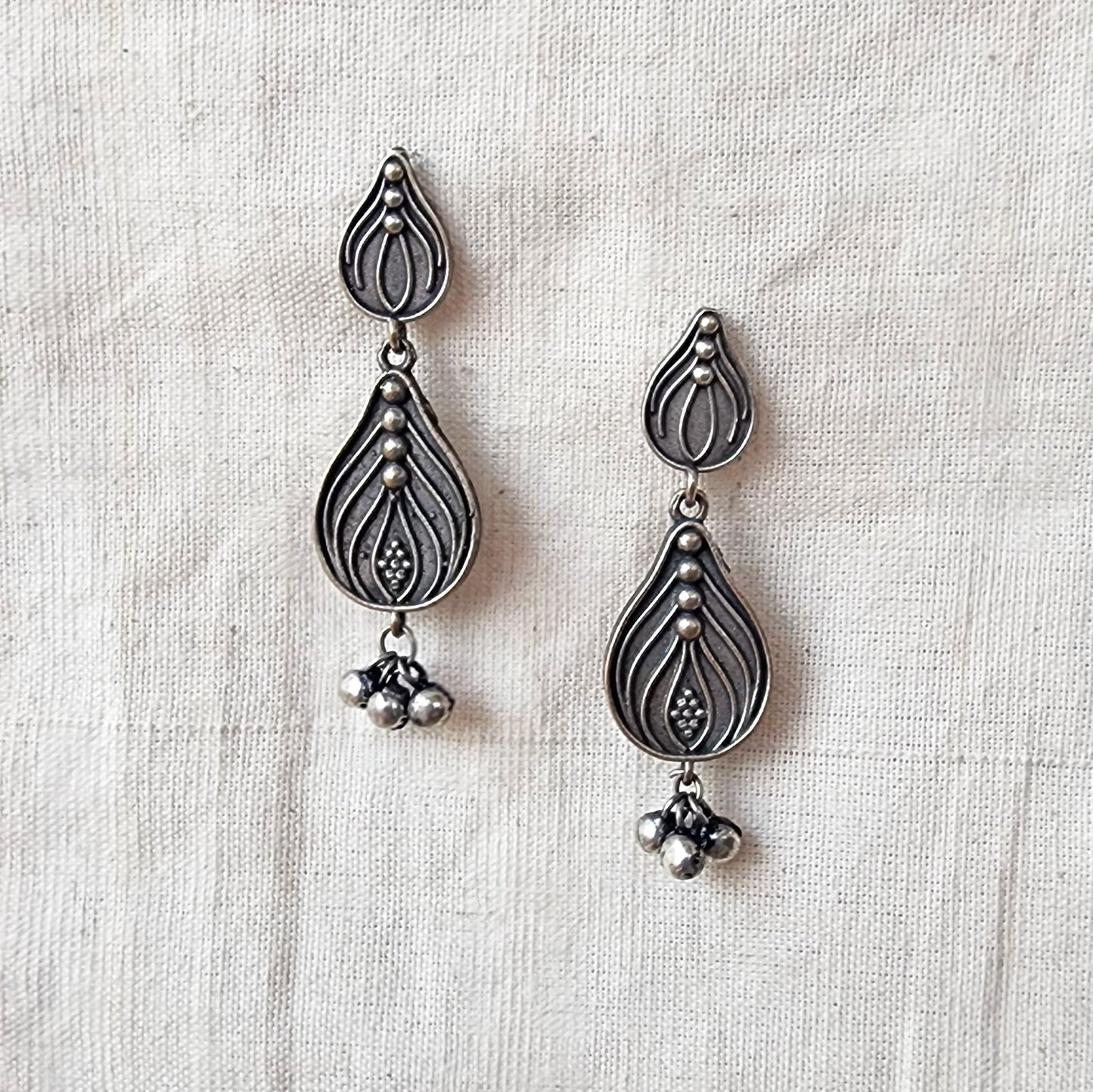 BALAMANI-Silver Leaf shape With Ghungroo beaded German Oxidized Earring