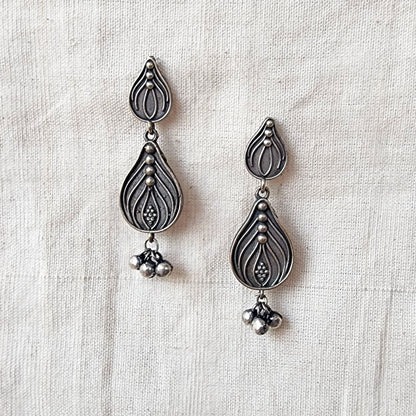 BALAMANI-Silver Leaf shape With Ghungroo beaded German Oxidized Earring