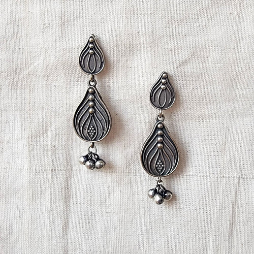 BALAMANI-Silver Leaf shape With Ghungroo beaded German Oxidized Earring