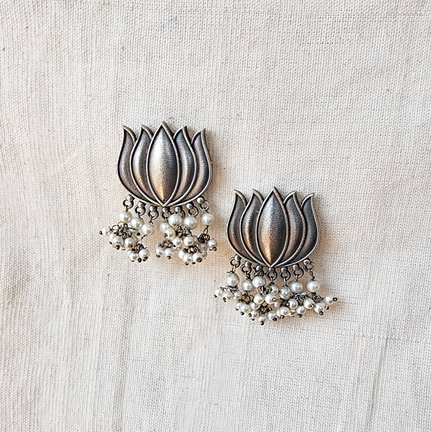 BALAMANI-Beautiful Silver Lotus With Pearls German Oxidised Earring