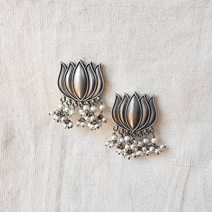BALAMANI-Beautiful Silver Lotus With Pearls German Oxidised Earring