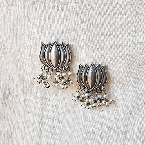 BALAMANI-Beautiful Silver Lotus With Pearls German Oxidised Earring
