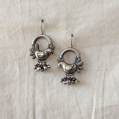 BALAMANI- Silver Brid Shaped With Ghungroo Drop German Oxidised  Silver Earrings
