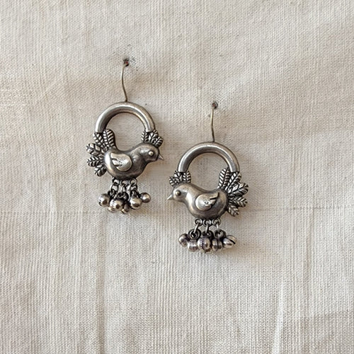 BALAMANI- Silver Brid Shaped With Ghungroo Drop German Oxidised  Silver Earrings