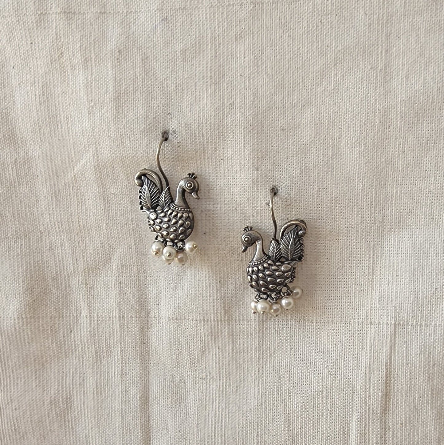 BALAMANI-Silver Small Peacock With Pearls German Oxidized Drop Earring