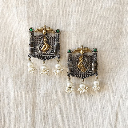 BALAMANI-Silver And Golden Tone Peacock Face Tribal With Pearls German Oxidised Earring