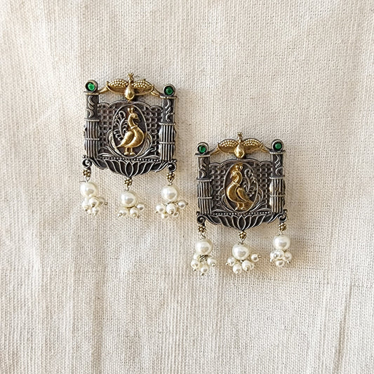 BALAMANI-Silver And Golden Tone Peacock Face Tribal With Pearls German Oxidised Earring