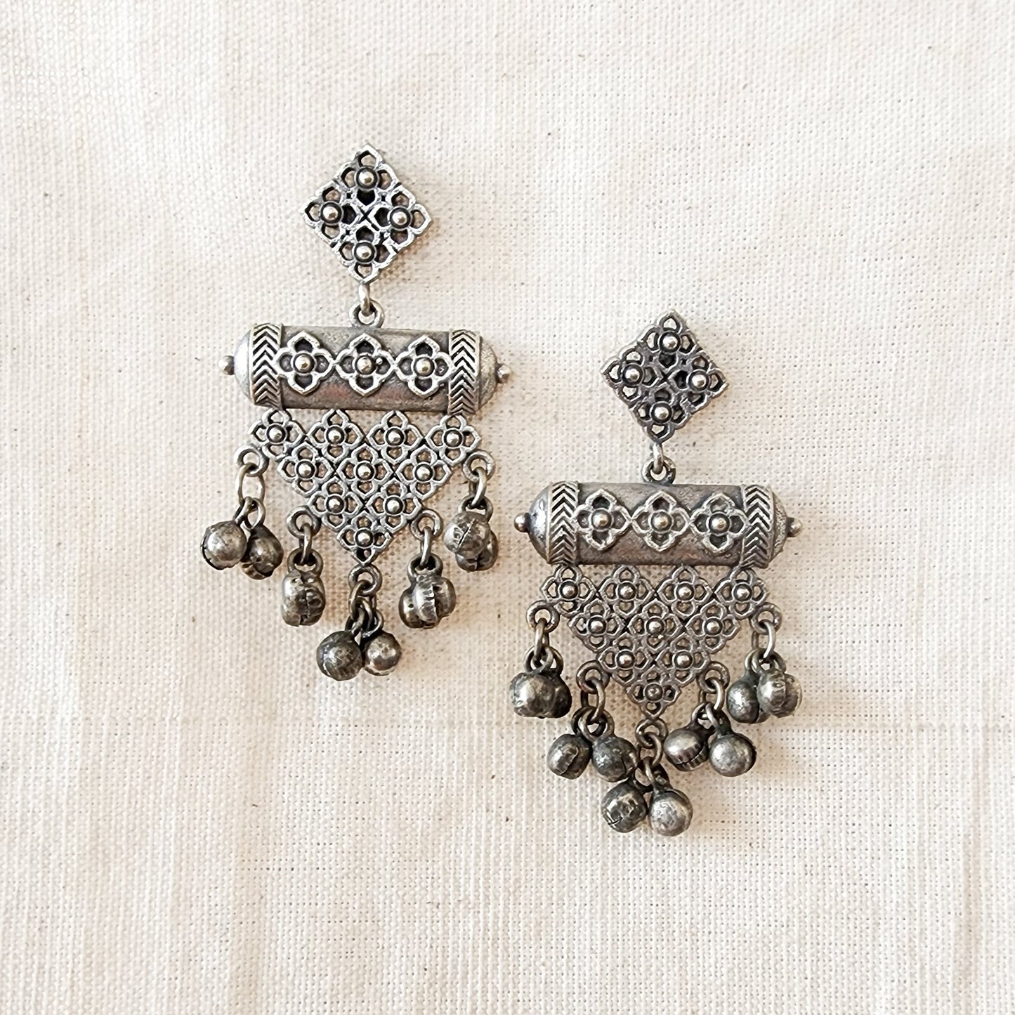 BALAMANI-Silver Triangle Design With Ghungroo German Oxidized Earring