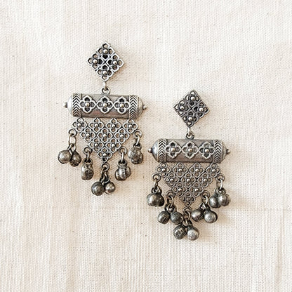 BALAMANI-Silver Triangle Design With Ghungroo German Oxidized Earring